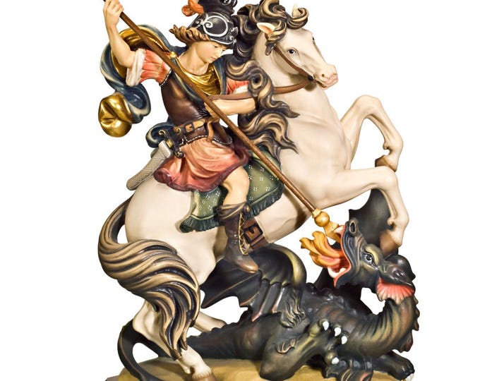 Statue of Saint George on horseback carved in Valgardena wood, hand-decorated, Italian artisan production, various decorations and sizes.
