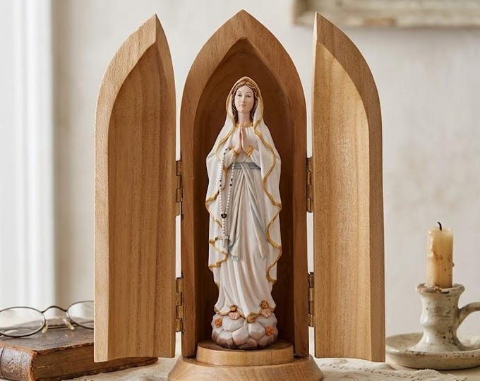 Statue of Our Lady of Lourdes with niche, carved in Valgardena wood, hand-decorated, made in Italy.