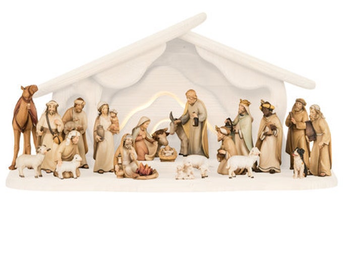 Complete nativity scene 23 pieces (without stable) carved in Valgardena wood, decorated by hand, various sizes, Italian artisan production