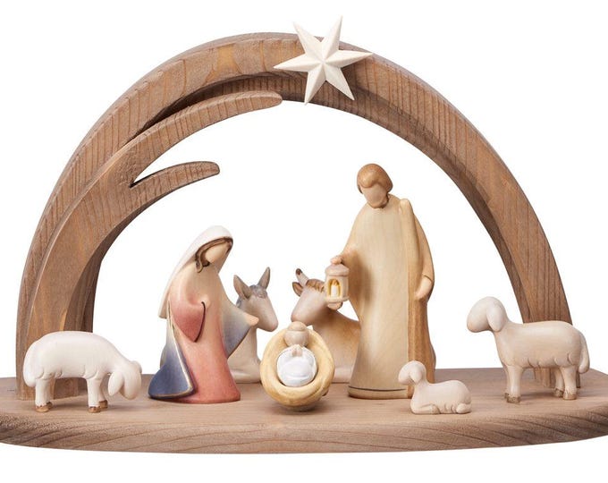 Complete nativity scene 10 pieces with hut, entirely carved in Valgardena wood decorated by hand, artisanal production