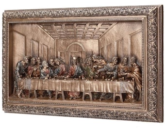 Classical sculpture painting The Last Supper by Leonardo Da Vinci, in bronzed resin marble 28 x 17 cm (11.02 x 17 inches), made in Italy