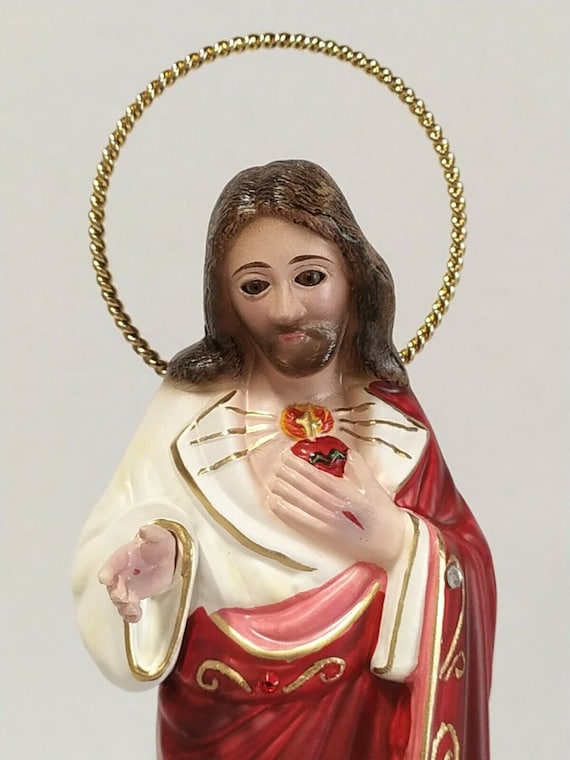 聖心イエス像、24 cm (9.44 インチ)、ガラス製の目付き、樹脂製、手