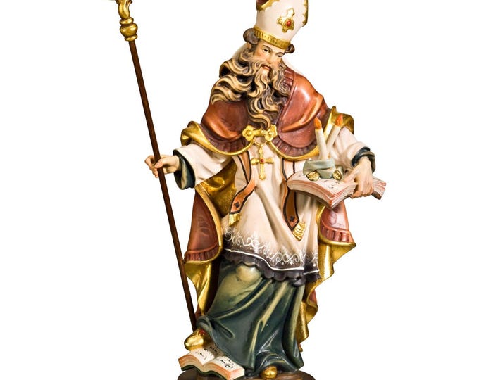 Statue of Saint Blaise with candles carved in Valgardena wood, hand-decorated, Italian artisan production, various decorations and sizes.