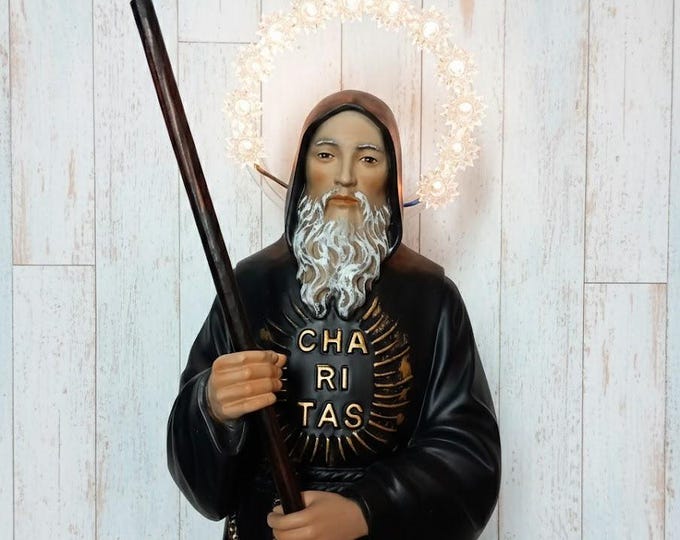 Statue of Saint Francis of Paola 25 cm (9.84 inches) in marble resin hand decorated with luminous halo Italian artisan production