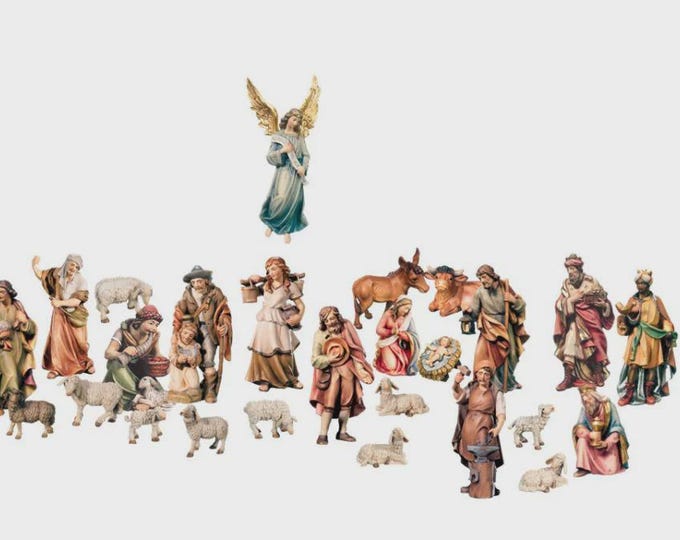 Presepe completo con  26 statuine scolpito in legno della Valgardena, produzione italiana, varie misure disponibili