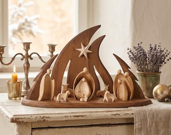 Complete Ambiente Design nativity scene, 11 pieces, carved in Valgardena wood and decorated by hand, various sizes, Italian artisan production