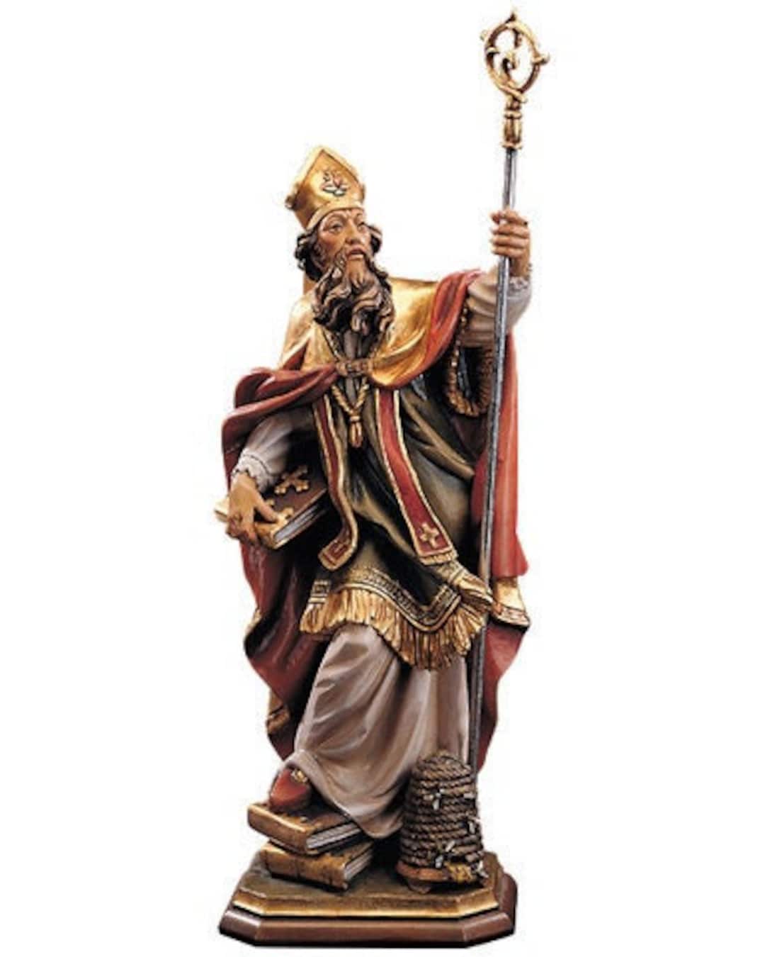Statue of St. Ambrose With Beehive Cm 36 14,17 Inches Carved in Wood of