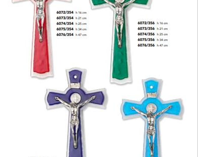 Crucifix of Saint Benedict of Norcia made of Murano glass, handcrafted in Italy, various colors and sizes available