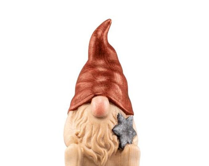 Gnome with star carved from Swiss pine wood from Val Gardena, artistic carving, Italian artisan production, various sizes available