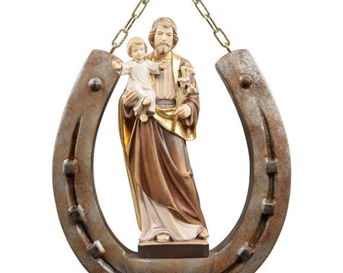 Sculpture of St. Joseph on horseshoe, carved in wood of valgardena decorated by hand of Italian artisan production