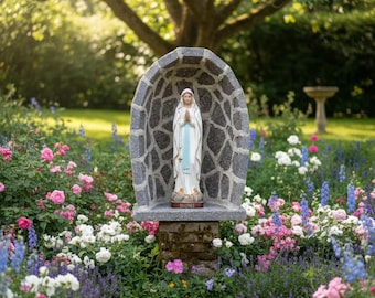 Porphyry grotto 41.5 x 29.5 cm with a 30 cm statue of Our Lady of Lourdes in marble resin, hand-made in Italy