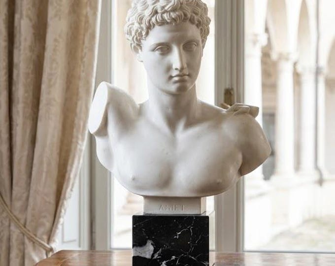 Classical sculpture "Bust of Hermes" made of alabaster powder, marble base, 33 cm (12.99 inch) Made in Italy