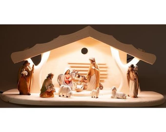 Complete nativity scene 11 pieces, carved in Valgardena wood and decorated by hand, with led light hut, Italian artisan production