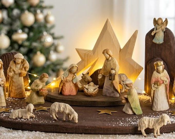 Complete 20-piece nativity scene carved in Valgardena wood, hand-decorated, with hut, various sizes, Italian artisan production