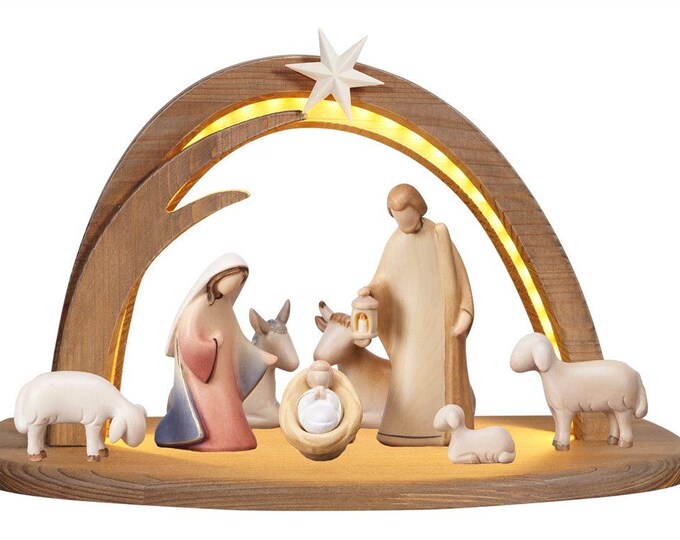 Complete nativity scene 10 pieces and hut with light, entirely carved in Valgardena wood decorated by hand, artisanal production