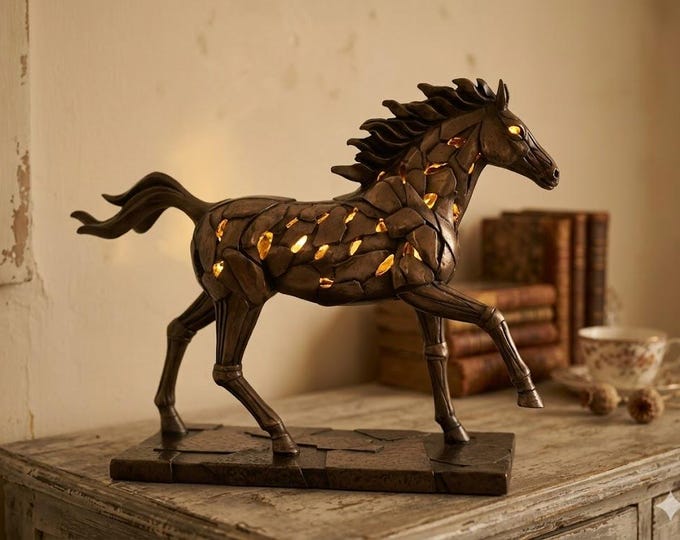 Classic sculpture of a galloping illuminated horse with a light button, 22 cm (8.66 inches) in bronzed resin marble, handcrafted in Italy