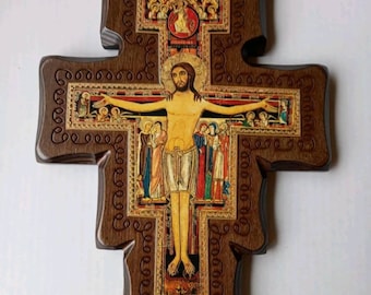 San Damiano cross crucifix, 30 x 23 cm (11,81 x 9,05 inches) in wood with relief image of Italian artisanal production