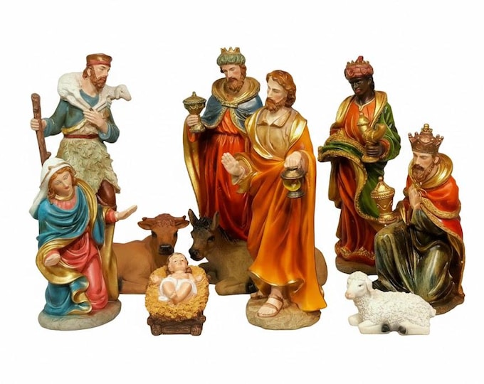 Complete nativity scene 42 cm (16.53 inches) composed of 10 pieces in hand-decorated resin ideal for outdoors and indoors