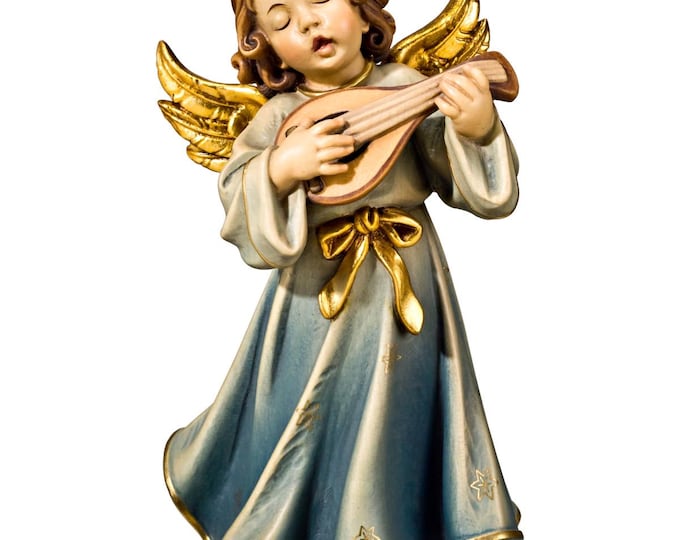 Angel Symphony sculpture, putto with mandolin, carved in Valgardena wood, various sizes, handcrafted in Italy