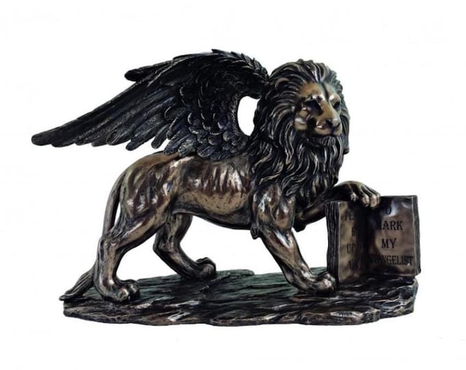 Scultura classica del Leone di San Marco, in marmo resina bronzata cm 18 x 25 (7,08 x 9,84 inches) artigianale, made in Italy