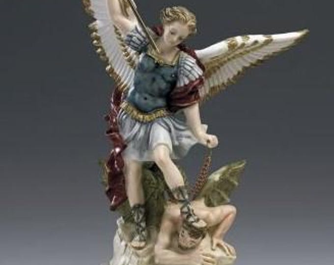 Statue of Saint Michael the Archangel cm 25 (9.84 inches) in alabaster powder, wooden base, hand decorated, made in Italy