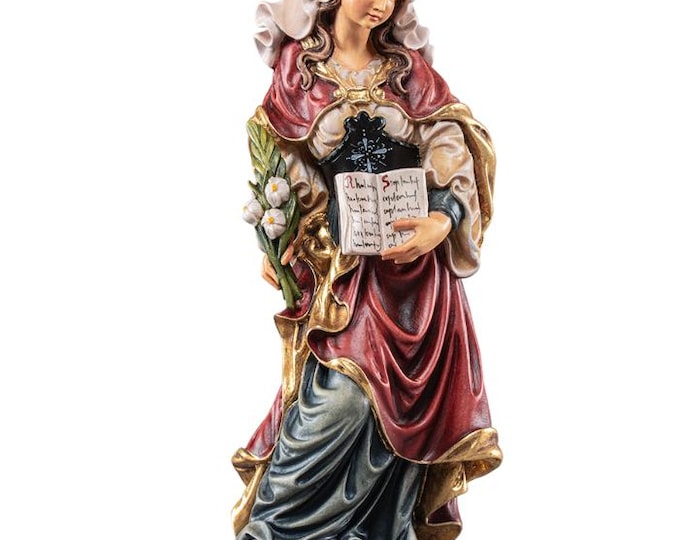 Statue of Saint Silvia carved from Valgardena wood and hand-decorated, handcrafted in Italy.