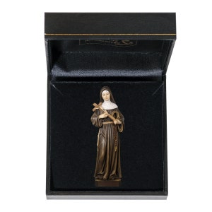 Estatua de Santa Rita con estuche de lujo tallada en madera Val Gardena y decorada a mano de producción artesanal italiana