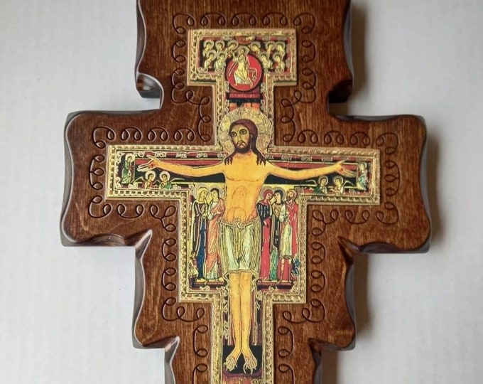 Crucifix cross of San Damiano, cm 22 x 17 (8.66 x 6.69 inches) in wood with embossed image of Italian artisan production