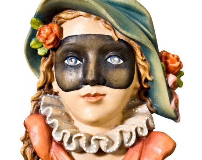 Sculpture of Colombina, carnival mask carved in Valgardena wood, hand-decorated, of Italian artisan production