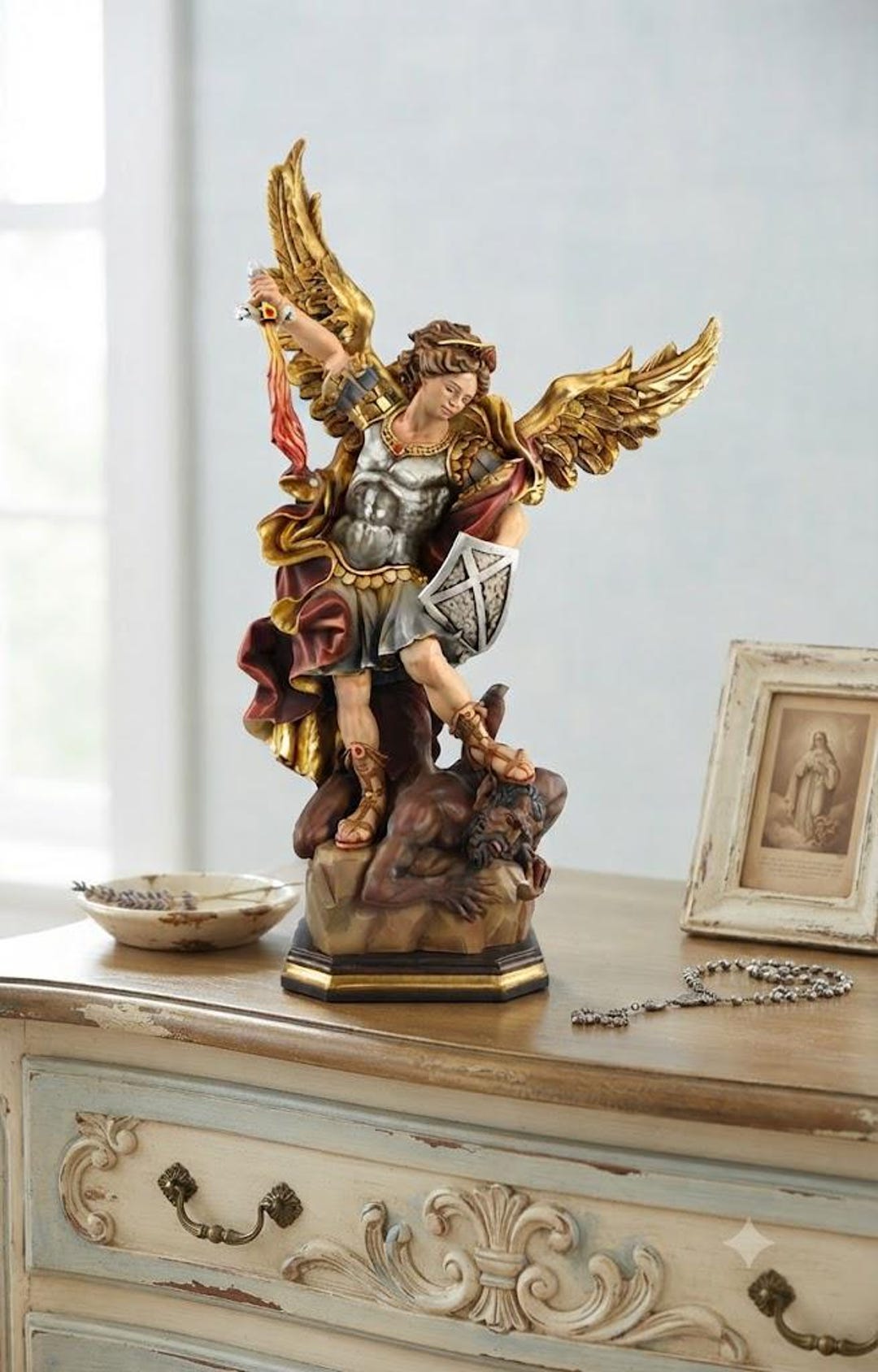 Statue of St. Michael the Archangel Carved From Valgardena Wood