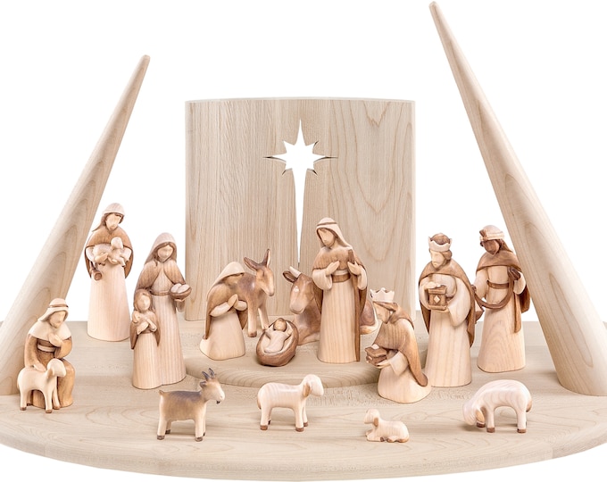 Complete crib "FIDES" 17 pieces with hut, carved in hand-decorated Val Gardena wood, various sizes, handcrafted production