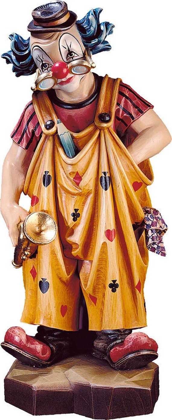 Clown statue carved in wood from Valgardena and decorated by hand of Italian artisan production
