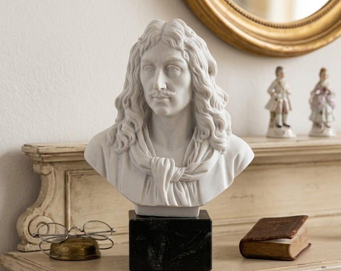 Bust sculpture of Molière 14 cm (5.51 inches) in alabaster powder, marble base, handcrafted, made in Italy