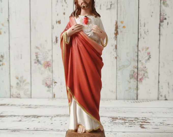 Statue of Jesus Sacred Heart cm 20 (7.87 inches) in marble resin full hand decorated of Italian artisan production