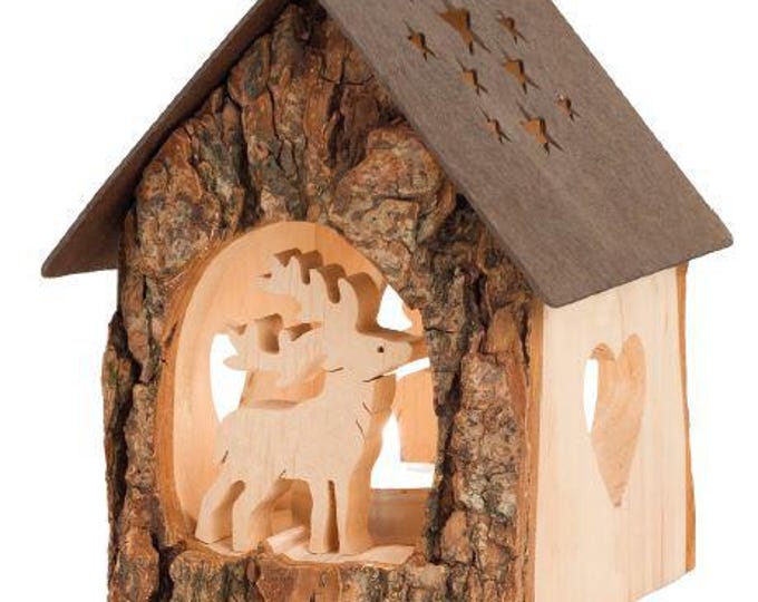 Candle holder house with deer 14 cm (5.51 inches) carved in Valgardena wood, artistic carving, Italian artisan production