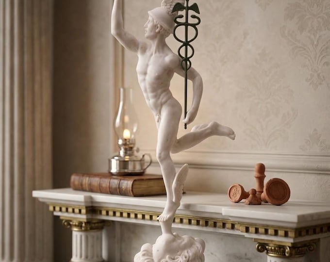 Classical sculpture "Mercury by Giambologna", 43 cm (16.92 inches) in alabaster powder, marble base, handcrafted, made in Italy