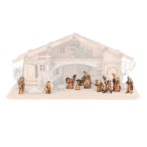 Complete nativity scene 13 pieces (without stable) carved in Valgardena wood, decorated by hand, various sizes, Italian artisan production