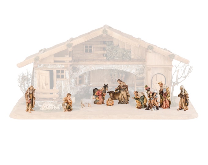 Complete nativity scene 13 pieces (without stable) carved in Valgardena wood, decorated by hand, various sizes, Italian artisan production