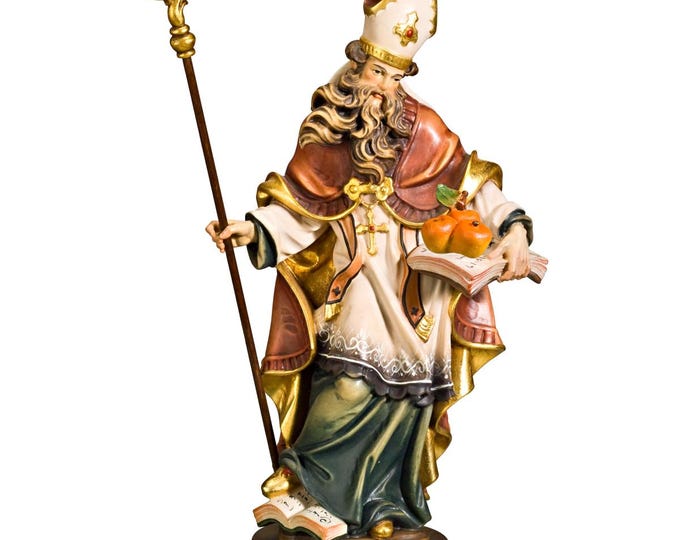 Statue of Saint Nicholas carved in Valgardena wood, hand-decorated, Italian artisan production, various decorations and sizes.