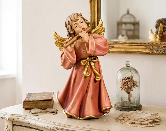 Angel Symphony sculpture, putto with flute, carved in Valgardena wood, various sizes, handcrafted in Italy