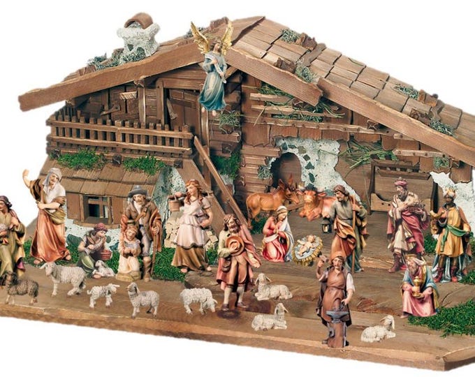 Presepe completo con 26 statuine e capanna scolpito in legno della Valgardena, produzione italiana, varie misure disponibili