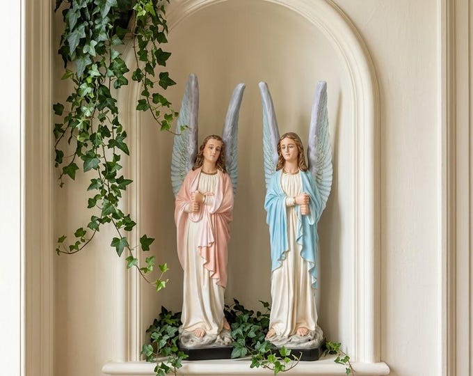 Pair of candle holder angels, 73 cm (28.74 inches), hand-decorated resin, painted or glass eyes, handcrafted in Italy