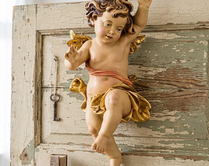 Angel sculpture, cherub carved in Valgardena wood and hand-decorated, various sizes available, handcrafted in Italy
