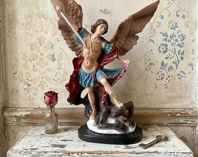 Statue of Saint Michael the Archangel 28 cm (11.02 inches) in solid resin marble decorated by hand, Italian artisan production