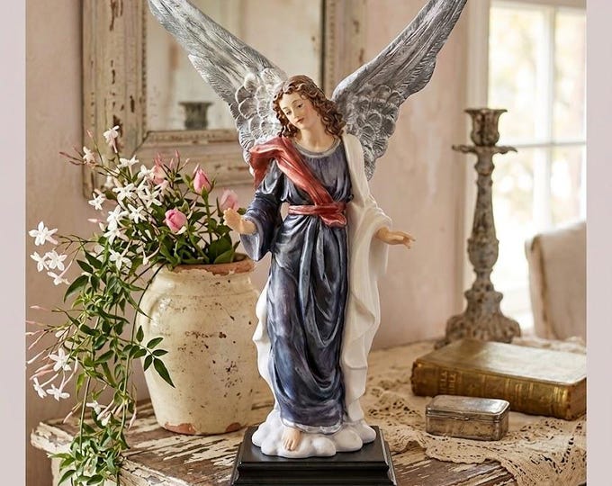 Guardian Angel statue 38 cm (14.96 inches) made of alabaster powder, wooden base, hand decorated, made in Italy