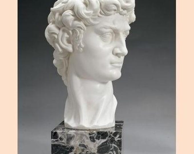 Classical sculpture of the head of "David by Michelangelo", cm 37 (14.56 inches) in alabaster powder, marble base, handcrafted, made in Italy