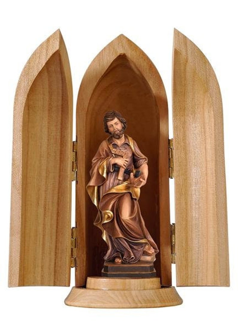 Statue of St. Joseph the Worker with niche, carved in Valgardena wood and hand-decorated with Italian artisan production image 1