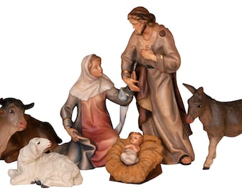 Nativity scene carved in Valgardena wood and decorated by hand, Holy Family 7 pieces, various sizes, Italian artisan production
