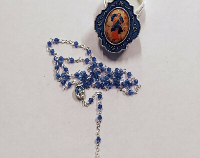 Rosary of the Madonna Maria untying the knots in blue crystalline with deluxe case of Italian craftsmanship