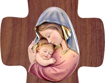 Crucifix with Madonna and Child, carved in Valgardena wood and decorated by hand, various sizes, of Italian artisan production